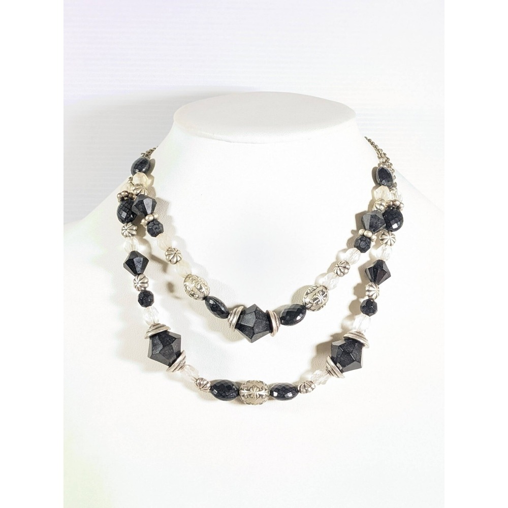 Premier Designs Black Bead Layered Necklace Silver Tone Double Strand 18.5"